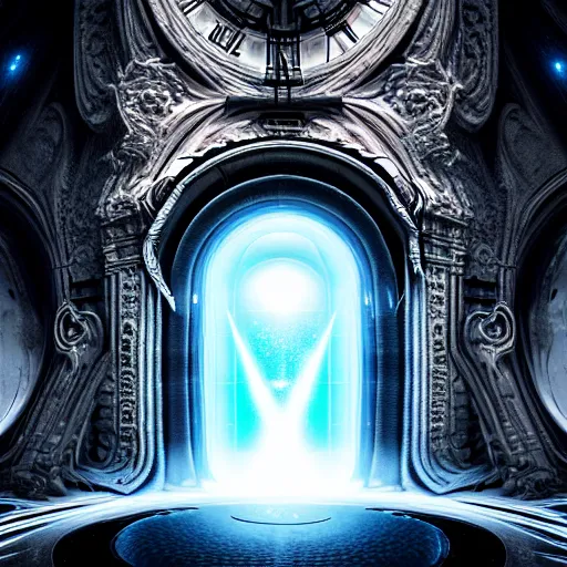Prompt: majestic portal to another dimension, with turbulent image of different time space reality, divine lighting, ethereal, sci fi, high detail, intricate, giger, photo realistic, 8 k
