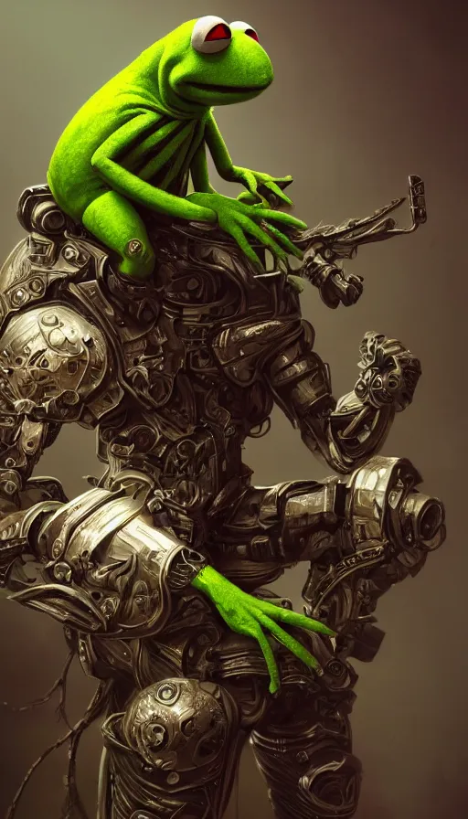 Image similar to Kermit cyborg warrior, insane, intricate, highly detailed, digital painting, artstation, concept art, smooth, sharp focus, illustration, Unreal Engine 5, 8K