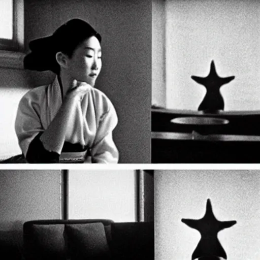 Prompt: a woman in a hanbok sitting on a couch, a starfish arm coming through the window, minimal cinematography by Akira Kurosawa, movie filmstill, 1950s film noir, thriller by Kim Jong-il and Shin Sang-ok, abstract occult epic composition