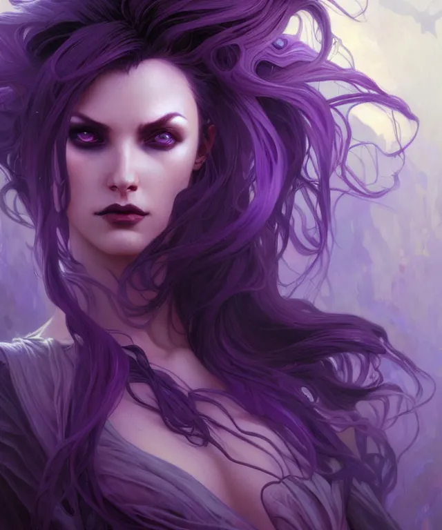 Image similar to Beautiful female lycan portrait, sci-fi, fire eyes, face, blue and purple hair, fantasy, intricate, elegant, highly detailed, digital painting, artstation, concept art, smooth, sharp focus, illustration, art by artgerm and greg rutkowski and alphonse mucha