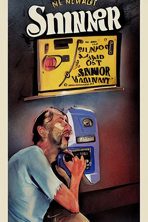 Image similar to an award - winning movie poster for a movie called senor featuring a junkie making a payphone call in a thunderstorm in queens at night in the 1 9 9 0 s