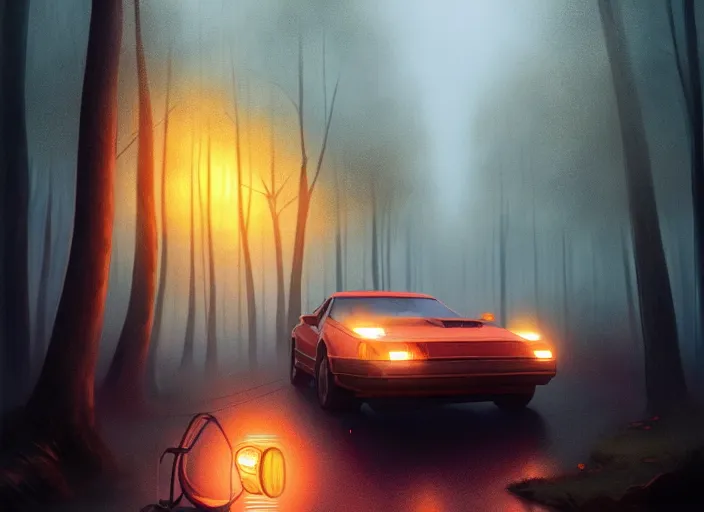 Image similar to detailed intricate digital illustration by greg rutkowski and artgerm and wlop and sanford robinson gifford ; 1 9 8 8 vehicle, glowing headlights, foggy forest in background ; 1 3 mm film, wide angle arri alfa anamorphic lens ; sharp focus, soft evening lighting, trending on artstation 4 k