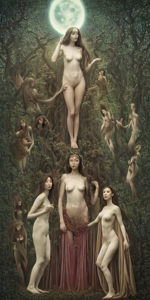 Image similar to the three fates, forest, moonlight, gemma chen, madison beer, angela sarafyan, pinup, intricate beautiful faces, surrealistic painting by agostino arrivabene, vanessa beecroft, anka zhuravleva, mary jane ansell, peter mohbacher, gerald brom