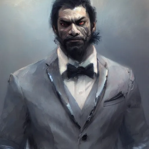 Image similar to werewolf wearing a suit by ruan jia, portrait