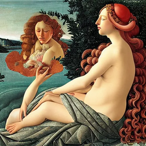 Image similar to an hyperrealistic mythological oil painting of venus with long curly brown hair, full body, wearing floral dress, sleeping in a giant scallop shell, near the seashore, intricate, elegant, renaissance style, by sandro botticelli -