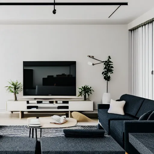 Image similar to modern living room, blank wall behind couch, professional photo