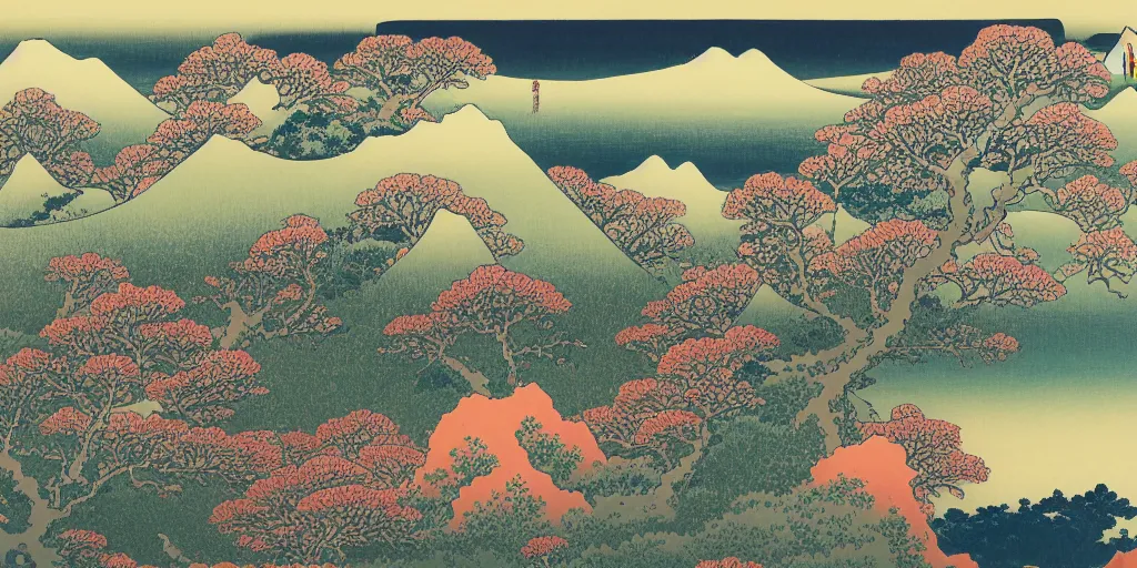 Prompt: mountain landscape with many flowers, by katsushika hokusai and mahmoud sai, intricate, sharp focus, detailed, lively colors, sky, water