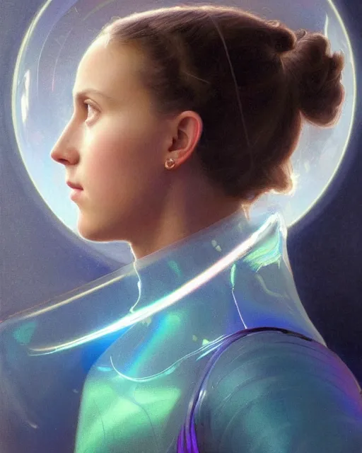 Image similar to a portrait painting of a shy, blushing 1 6 - year old alicia vikander or millie bobby brown, backlit, wearing a futuristic translucent iridescent plastic space suit in a space station, elegant, highly detailed, artstation, concept art, by krenz cushart and donato giancola and william adolph bouguereau and alphonse mucha