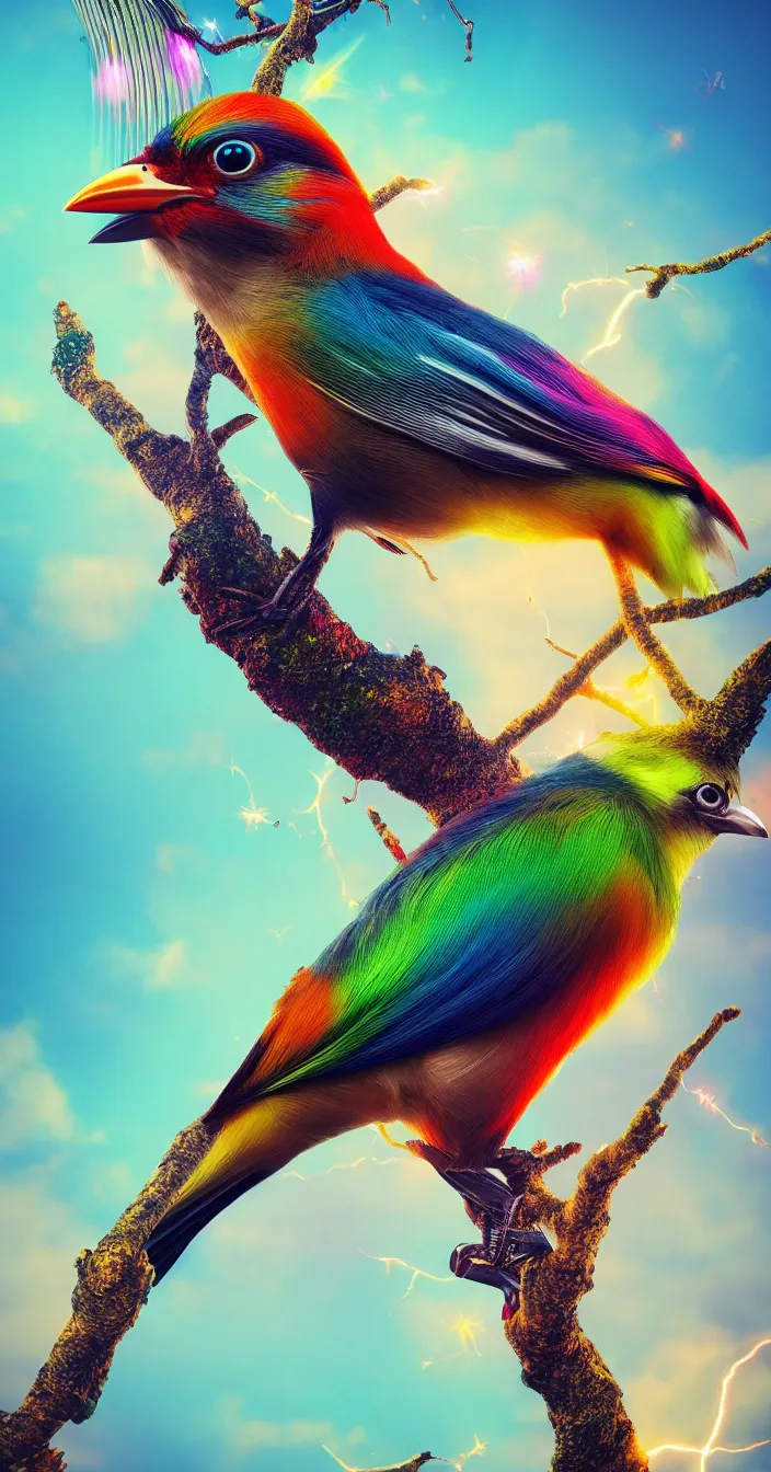 Image similar to realistic photo of multi colored futuristic bird sitting on tree, sharp focus, smooth background, cinematic lightening, wide angle shot, very hyper realistic, highly detailed, fantasy art station