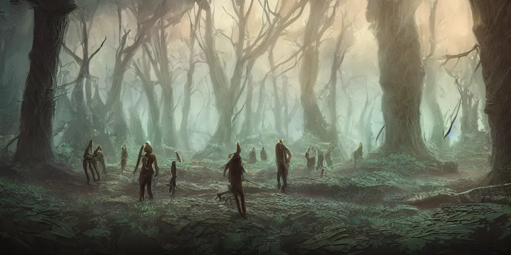 Prompt: modern reed - people hunting in futuristic spiritual mystical post apocalyptic forest drawn by justin roiland, dim painterly volumetric aquatic lighting, beautiful, crisp, artstation, highly detailed