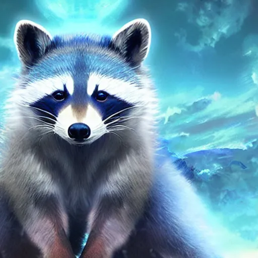 Image similar to final fantasy box art depicting an ethereal blue raccoon