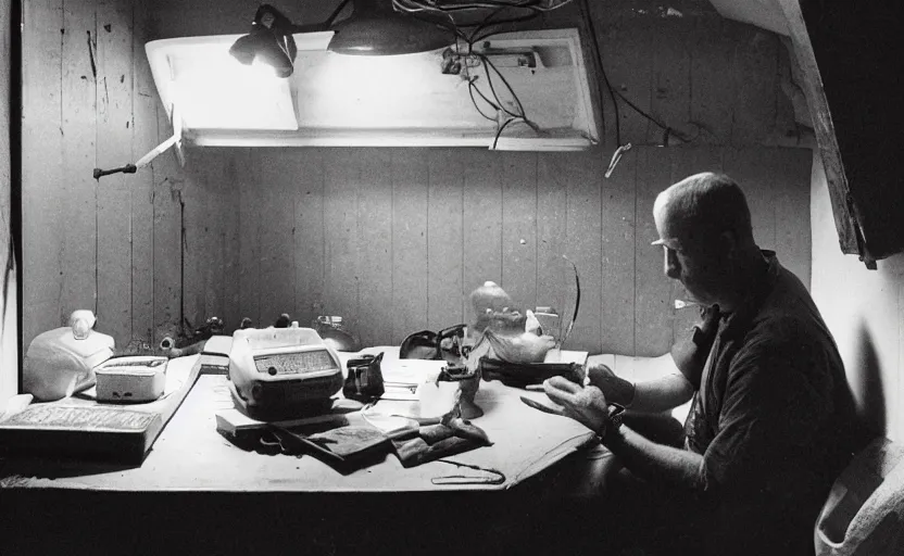 Image similar to man sitting facing away, working in dark radio booth, one single lamp, dingy, eating old sandwich, sandwich, leaking oil, drip, sweat, tannoy, strange