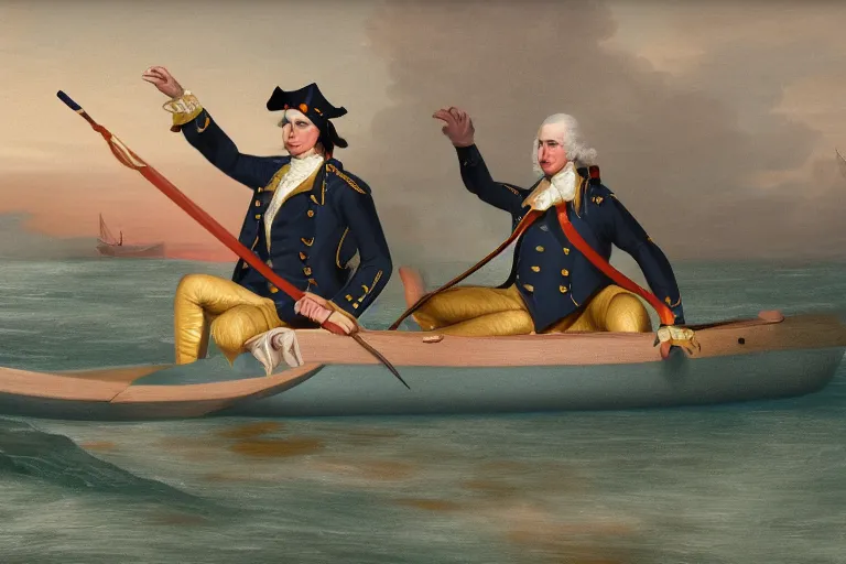 Prompt: George Washington Crossing the Delaware riding on a pool noodle, digital art, 8k, UHD