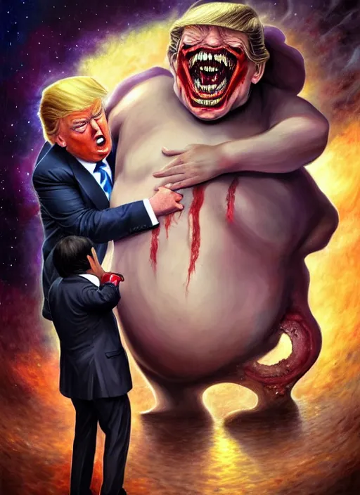 Prompt: donald trump hugging gengar cosmic horror painting, elegant intricate digital painting artstation concept art by mark brooks and brad kunkle detailed