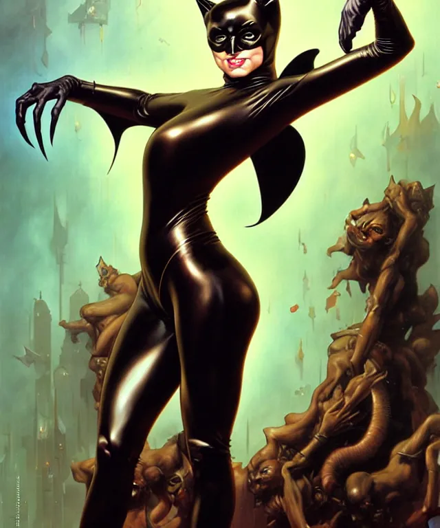 Prompt: cat woman from batman in the style of hajime sorayama, peter mohrbacher, wayne barlowe, gustav moreau, bussiere, roberto ferri, santiago caruso, luis ricardo falero, austin osman spare, boris vallejo, dali