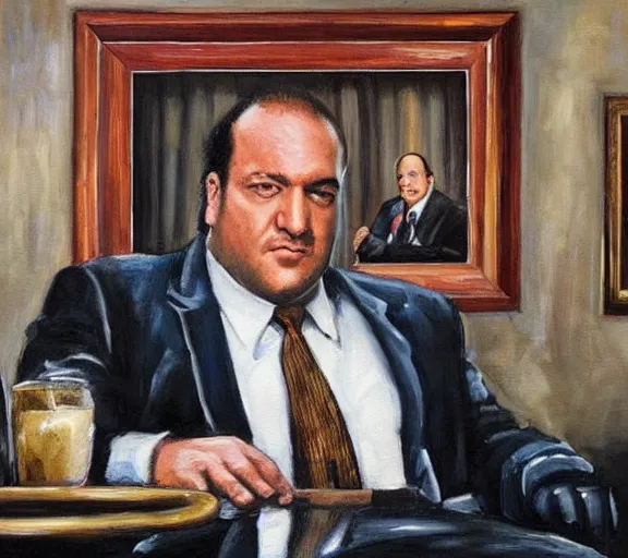 Image similar to framed portrait painting of tony soprano sitting at a mafia table