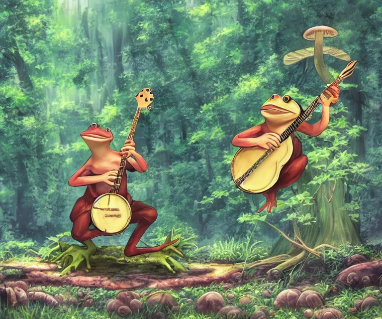 Image similar to frog playing a banjo in front of a mushroom in a forest, anime fantasy illustration by tomoyuki yamasaki, kyoto studio, madhouse, ufotable, comixwave films, trending on artstation