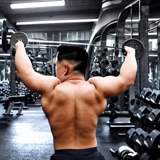 Prompt: cinematic shot of muscular shirtless kim jong - un lifting weights in a gym, very detailed, very intricate, dslr, 8 k,