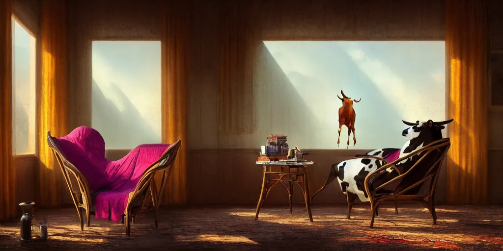 Image similar to a cow in a luxury chair reading the newspaper, vivid colors, beautiful interior, digital art, landscape, fantasy art, octane render, ureal engine, high detail, very realistic, by greg rutkowski. by james gurney