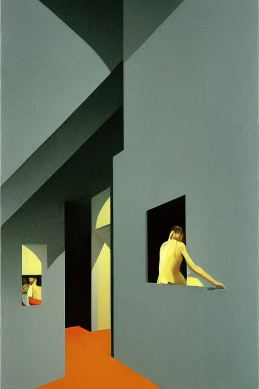 Image similar to woman put the television through her head Edward Hopper and James Gilleard, Zdzislaw Beksisnski, higly detailed