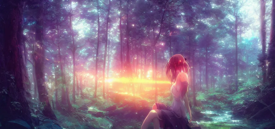 Image similar to anime forest, magical, mythical, ethereal, hyper realistic, straight lines 8k hdr pixiv dslr photo by Makoto Shinkai ilya kuvshinov and Wojtek Fus, digital art, concept art,