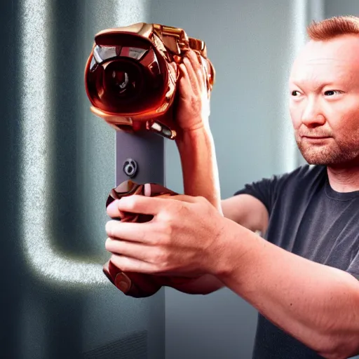 Prompt: limmy brian limond holding element 1 1 5, realistic artstyle, wide shot, dramatic lighting, octane render, hyperrealistic, high quality, highly detailed, hd, beautiful, cinematic, 8 k, unreal engine, facial accuracy, symmetrical,