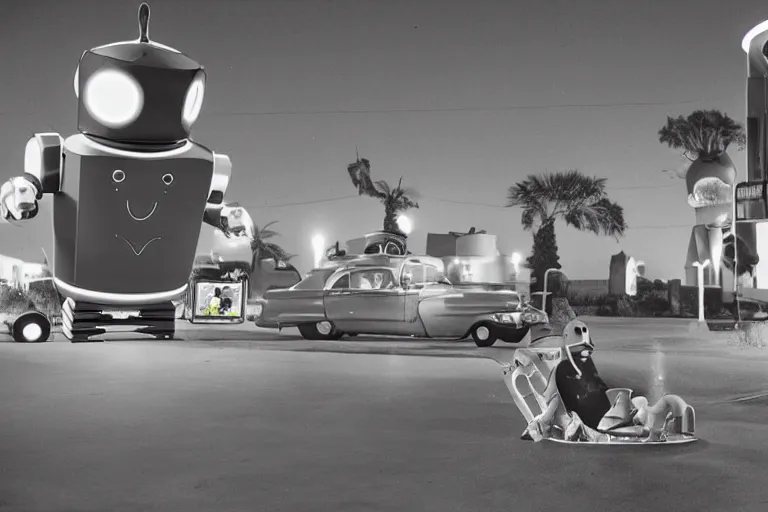 Image similar to robot clown relaxing at a california drive in, in 1 9 5 2, cutecore clowncore, bathed in the the glow, alien castle in background, low - light photograph, in style of tyler mitchell, cut and paste collage