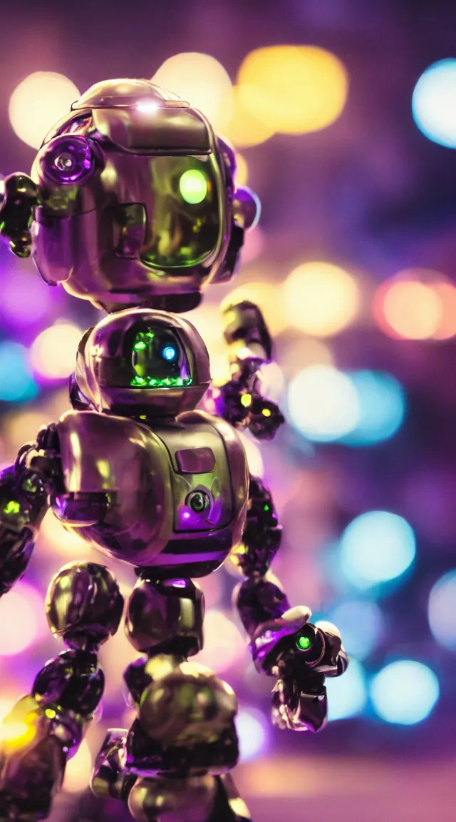 Prompt: tiny robot with purple lights, professional photo, hdr, bokeh, sci fi