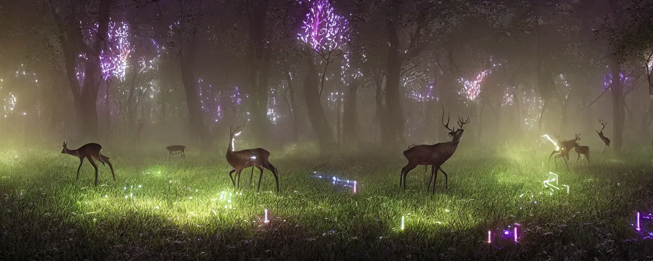 Image similar to deer in an ethereal forest made from glowing circuits and electronics, highly detailed concept art, 3 d, volumetric lighting