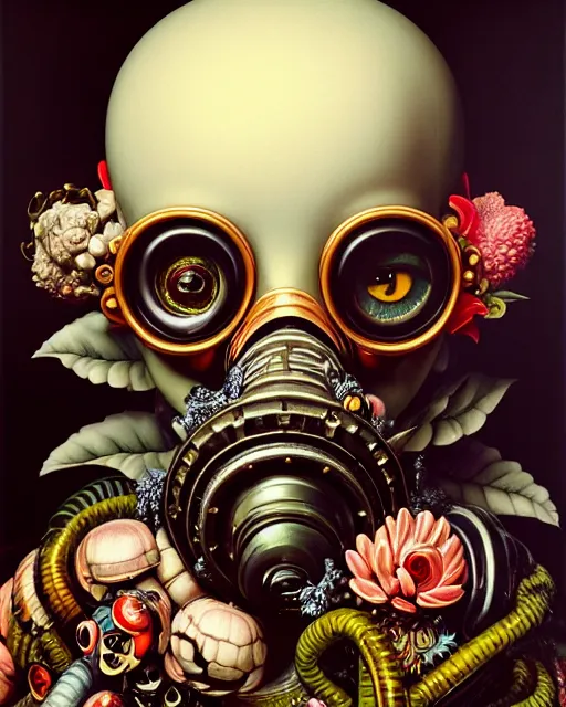 Prompt: a maximalist biomorphic portrait with with large eyes, expressive, wearing a botanical gas mask, baroque, by ayami kojima, greg hildebrandt, mark ryden, caravaggio and arcimboldo, hauntingly surreal, statue, high fashion, focus on head, soft light, 4 k, octane high quality render