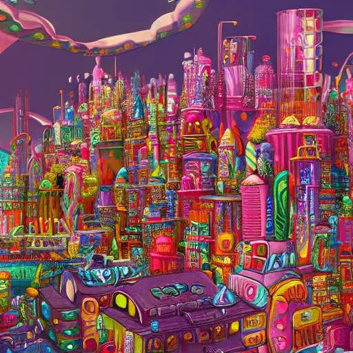Prompt: a candypunk city, intricately detailed city made of various candies, fantasy art, complex scene, hypermeticulous, colorful, 1 6 k resolution, artstation ranked, hyperfantasy