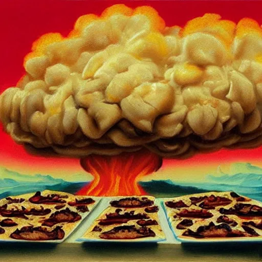 Prompt: mushroom cloud made of pizza. 4 k highly detailed oil painting.