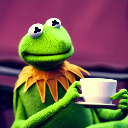 Prompt: kermit the frog drinking a cup of tea
