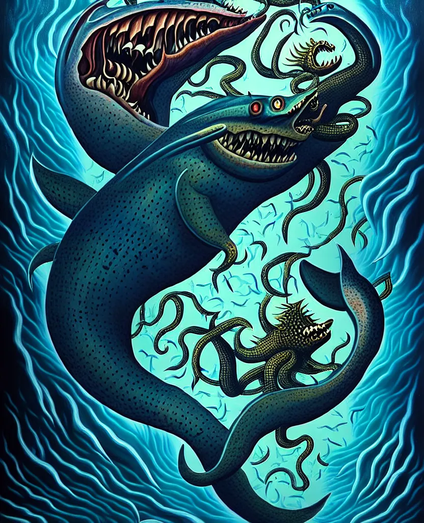 Image similar to mysterious bestiary of wild emotion monsters repressed in the deep sea of unconscious of the psyche, about to rip through and escape in a extraordinary revolution, painted by ronny khalil