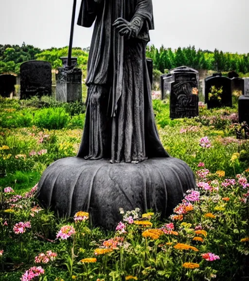 Image similar to mystical black death god statue in graveyard surrounded tall meadow of flowers, dslr photo, grainy, high detail, high resolution