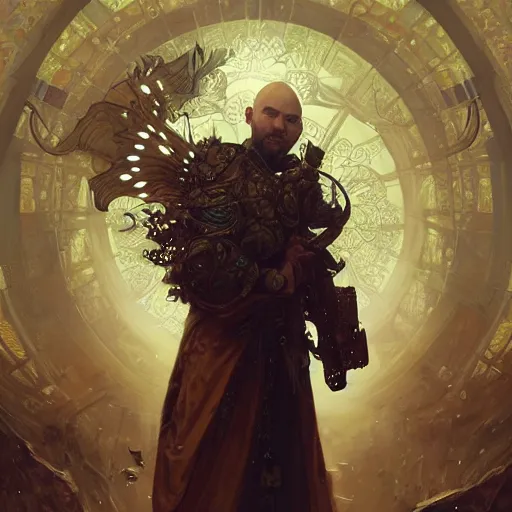 Prompt: Portrait ofKarl Pilkington, glowing halo, wings on his back, fantasy, intricate, elegant, highly detailed, digital painting, artstation, concept art, smooth, sharp focus, illustration, art by Krenz Cushart and Artem Demura and alphonse mucha