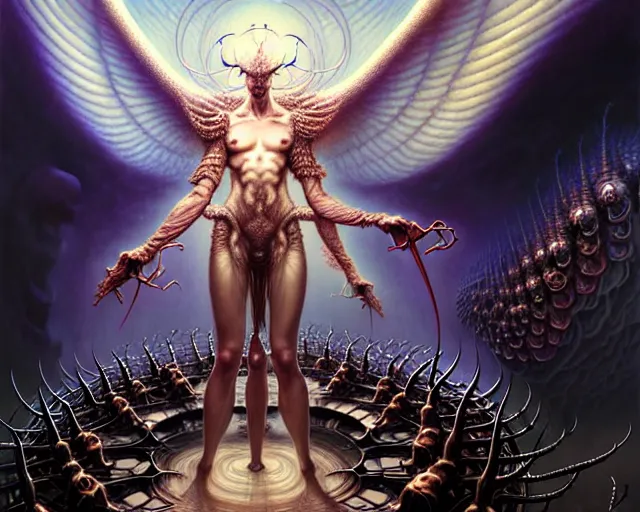 Image similar to drone view of an angel surrounded by an army of endless demons, fantasy character portrait made of fractals facing each other, ultra realistic, wide angle, intricate details, the fifth element artifacts, highly detailed by peter mohrbacher, hajime sorayama, wayne barlowe, boris vallejo, aaron horkey, gaston bussiere, craig mullins