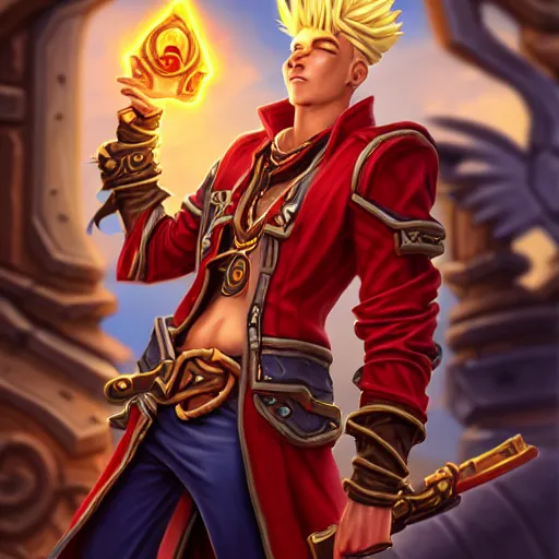 Prompt: Hearthstone official professional art. A vash blond male pirate using red long red rob and two guns inspired on triggun vash . Insanely coherent physical body parts (face, arms, legs, hair, eyes). Full body realistic, sharp focus, 8k high definition, insanely detailed, intricate, elegant, smooth, sharp focus, illustration, ArtStation