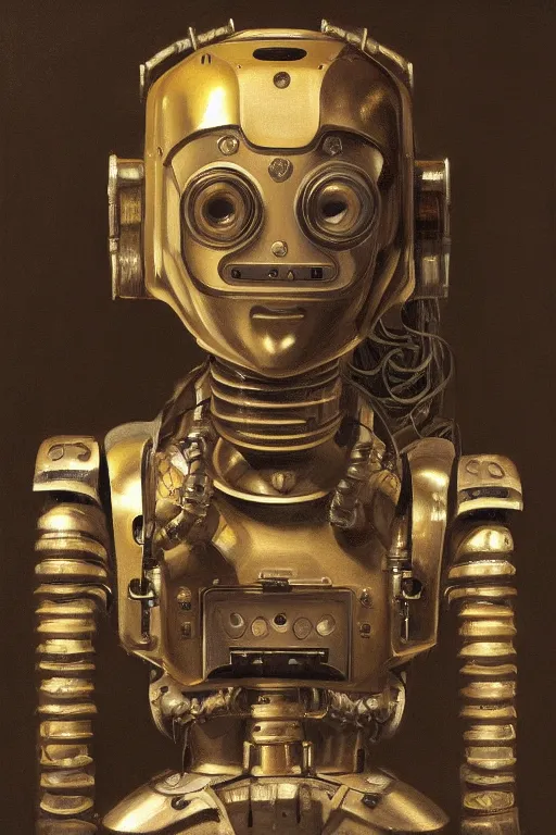 Prompt: detailed realistic oil painting portrait of a robot, baroque chiaroscuro art, digital royalty