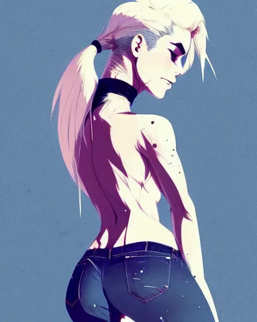 Prompt: a ultradetailed beautiful back painting of a stylish woman with white hair in a pony tail, she is wearing jeans, by conrad roset, greg rutkowski and makoto shinkai trending on artstation