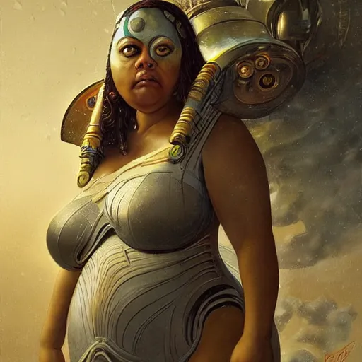 Prompt: An upper body portrait of an obese Zoe Saldana as the goddess of technology and agriculture. Coy facial expression. Beautiful and detailed, surrealism, mixed media. Random futuristic background. In the style of Karol Bak, Greg Rutkowski, and Boris Vallejo.