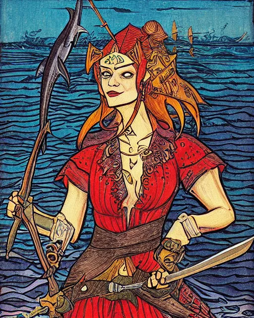 Image similar to a shark pirate queen with melee weapons by ivan bilibin