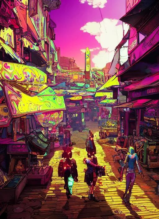 Prompt: bazaar zouk oriantal full color sky shine place mosquet painting digital illustration hdr stylized digital illustration video game icon global illumination ray tracing advanced technology that looks like it is from borderlands and by feng zhu and loish and laurie greasley, victo ngai, andreas rocha, john harris