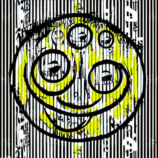 Prompt: acid house music rave graphics psychedelic illustration, smiley, ecstasy pill, graffiti, detailed, only black and white and yellow, stripes - c 9
