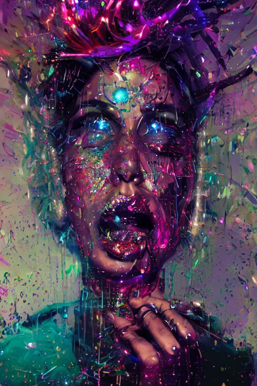 Prompt: portrait, headshot, digital painting, an delightfully mad techno - shaman lady, closed eyes, synthwave, glitter, glitch, refraction, fracture, realistic, hyperdetailed, chiaroscuro, concept art, painterly, art by john berkey