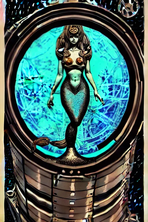 Image similar to steampunk cryo chamber containing a mermaid, high details, intricately detailed, by vincent di fate, inking, 3 color screen print, masterpiece, trending on artstation,, sharp, details, hyper - detailed, hd, 4 k, 8 k