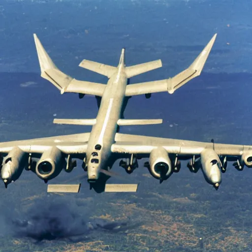 Prompt: b 5 2 bomber dropping bananas as bombs, aerial photography