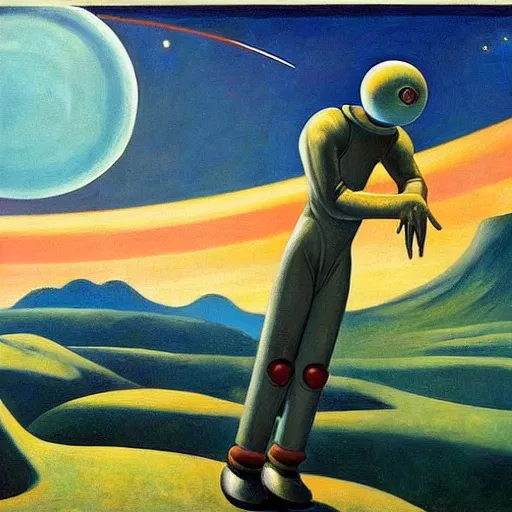 Prompt: space men exploring a fantastical alien landscape, they discover something, pj crook, edward hopper, oil on canvas