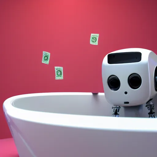 Image similar to A robot in a bathtub filled with money, 3d render