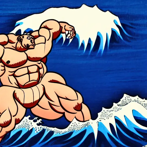Prompt: a hokusai painting of an incredibly buff bear with massive muscles 4 k, high resolution, still, landscape, hd, dslr, hyper realistic, body builder, mr universe